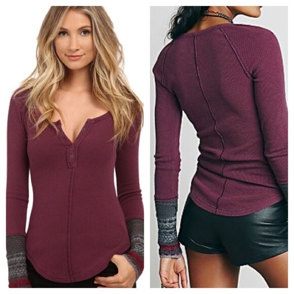Free People Tops - Free People Ski Lodge Knit Sleeve Thermal Henley Long Sleeve M Purple/Gray